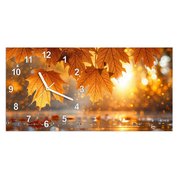 Wanduhr Goldene Herbstblätter aus Glas – Querformat 60 × 30 cm mit Ziffernblatt Modern