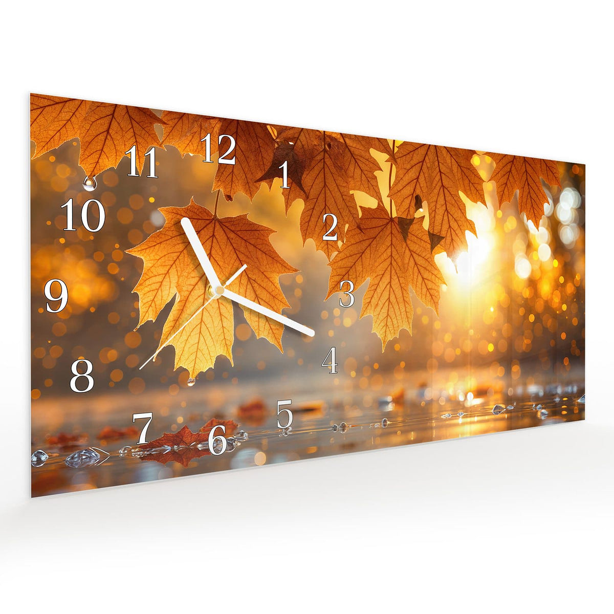Vormontiert – mit Schwebeeffekt – Wanduhr Goldene Herbstblätter aus Glas – Querformat 60 × 30 cm
