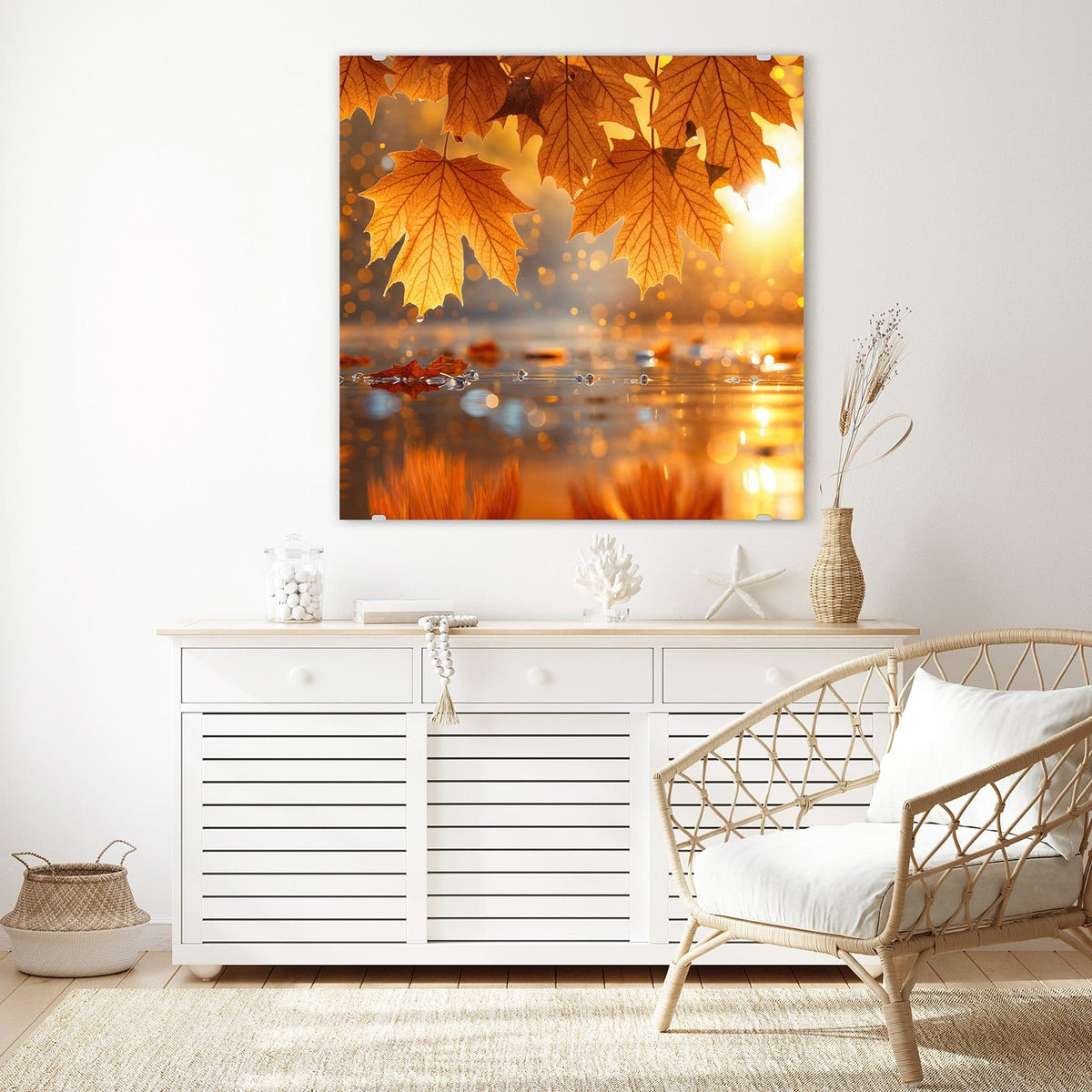 Echtglas, 4 mm – kein Acryl, keine Folie – Wandbild - Ahornlaub über Wasser - Quadratisch