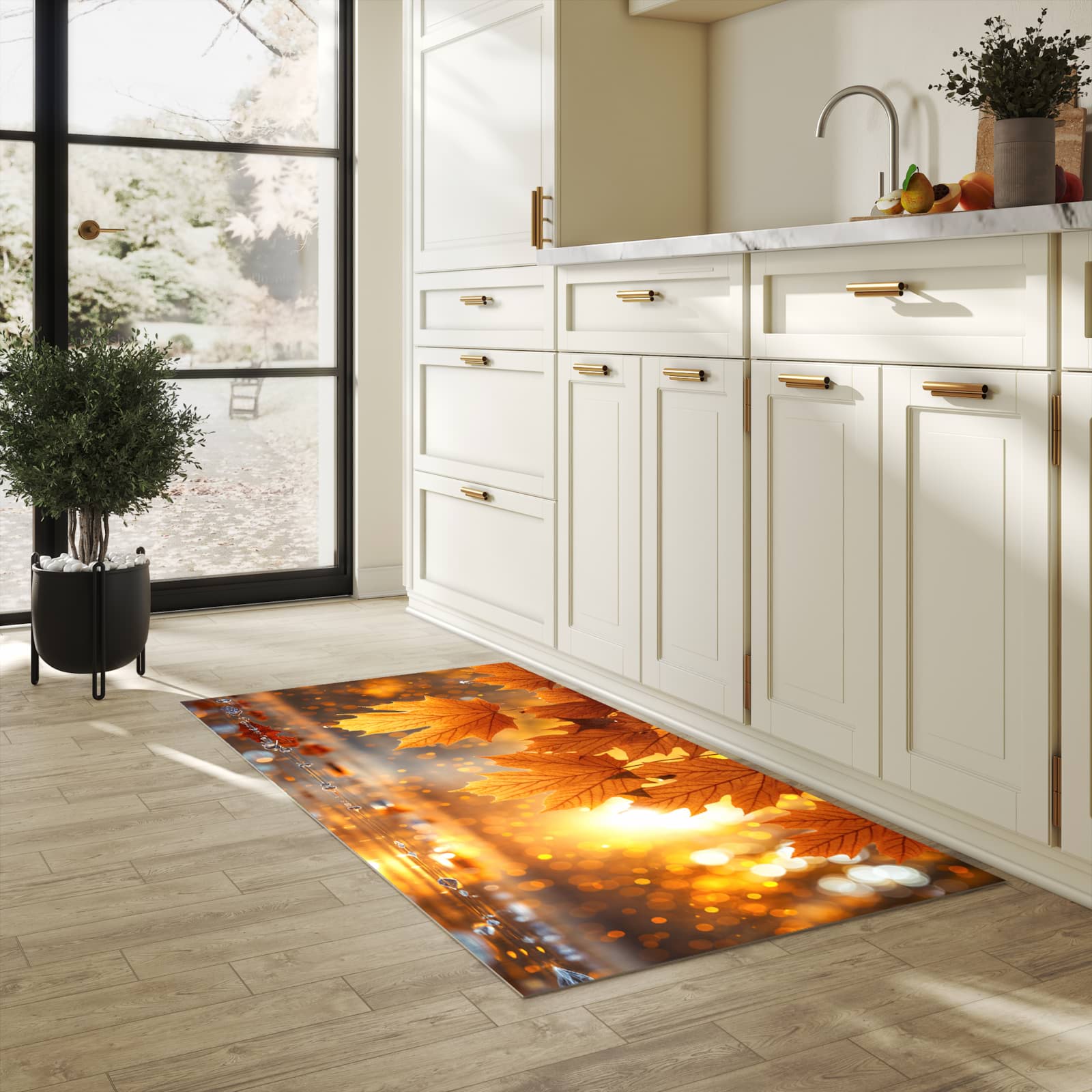 Rutschfester Küchenläufer mit Motiv Blätter von Herbstliche in heller Küche zum Waschen