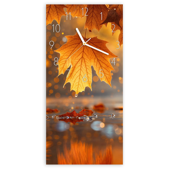 Wanduhr Goldene Herbstblätter aus Glas – Hochformat 30 × 60 cm mit Ziffernblatt Elegant