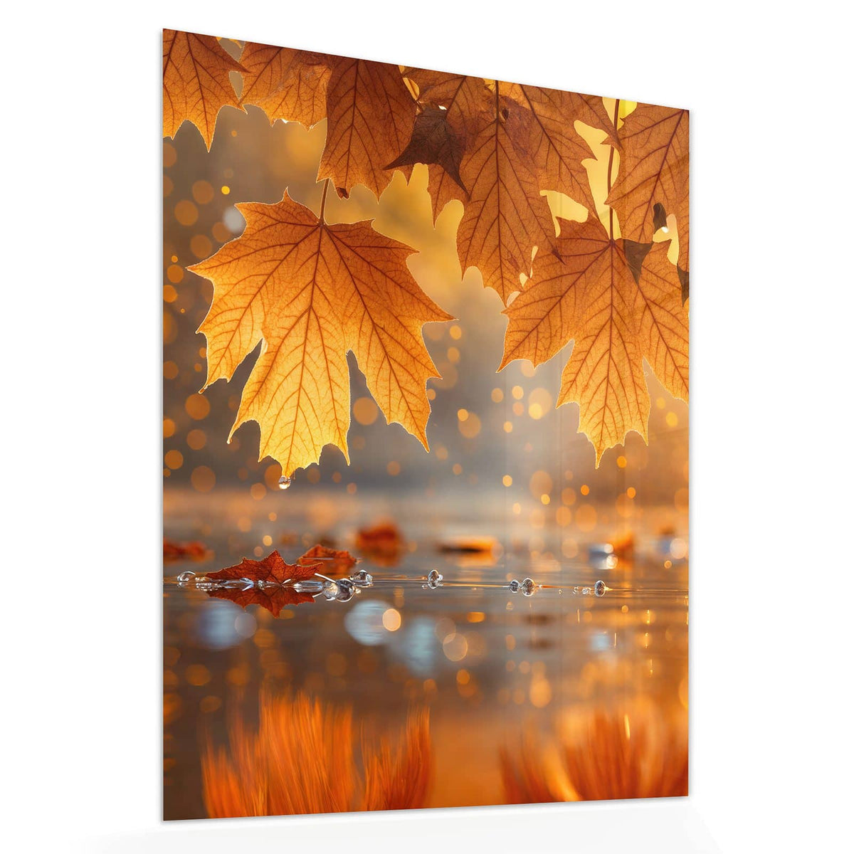 Echtglas, 4 mm – kein Acryl, keine Folie – Wandbild - Ahornlaub über Wasser - Hochformat