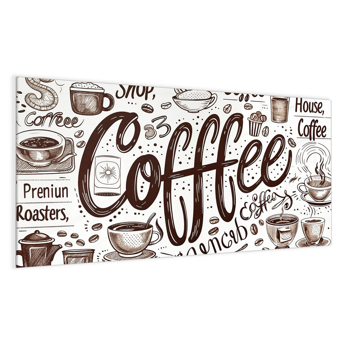 Tuschezeichnungen von Tassen, Bechern und Bohnen mit großem Coffee-Schriftzug auf Weiß