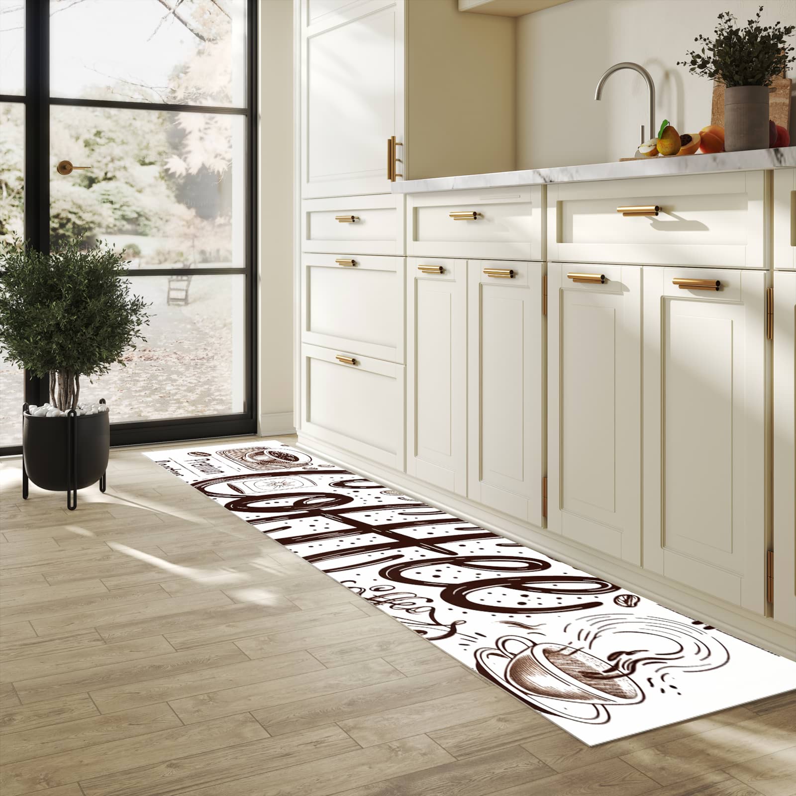 Bodenschonender Küchenteppich mit Motiv Kaffee Illustration in heller Küche