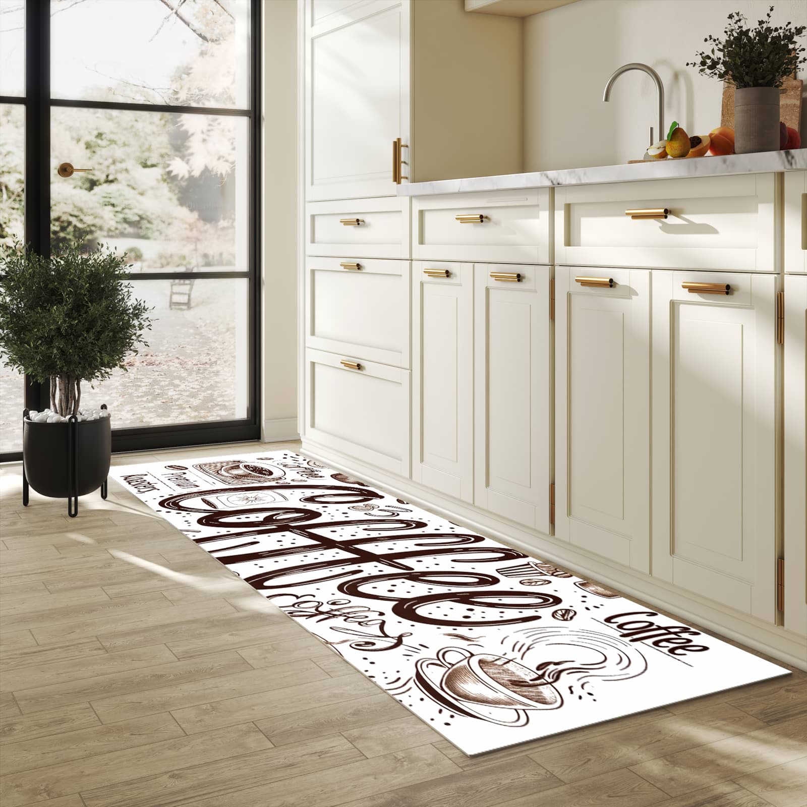 Formstabiler waschbarer Küchenteppich mit Motiv Kaffee Illustration in heller Küche