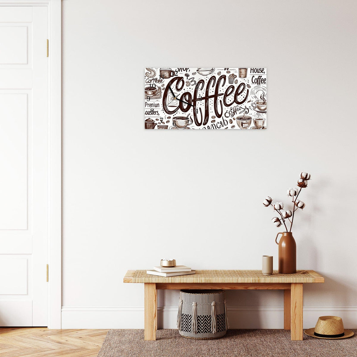 Moderne Wanduhr aus Glas mit Farbtiefe – Wanduhr Kaffee Illustration aus Glas – Querformat 60 × 30 cm