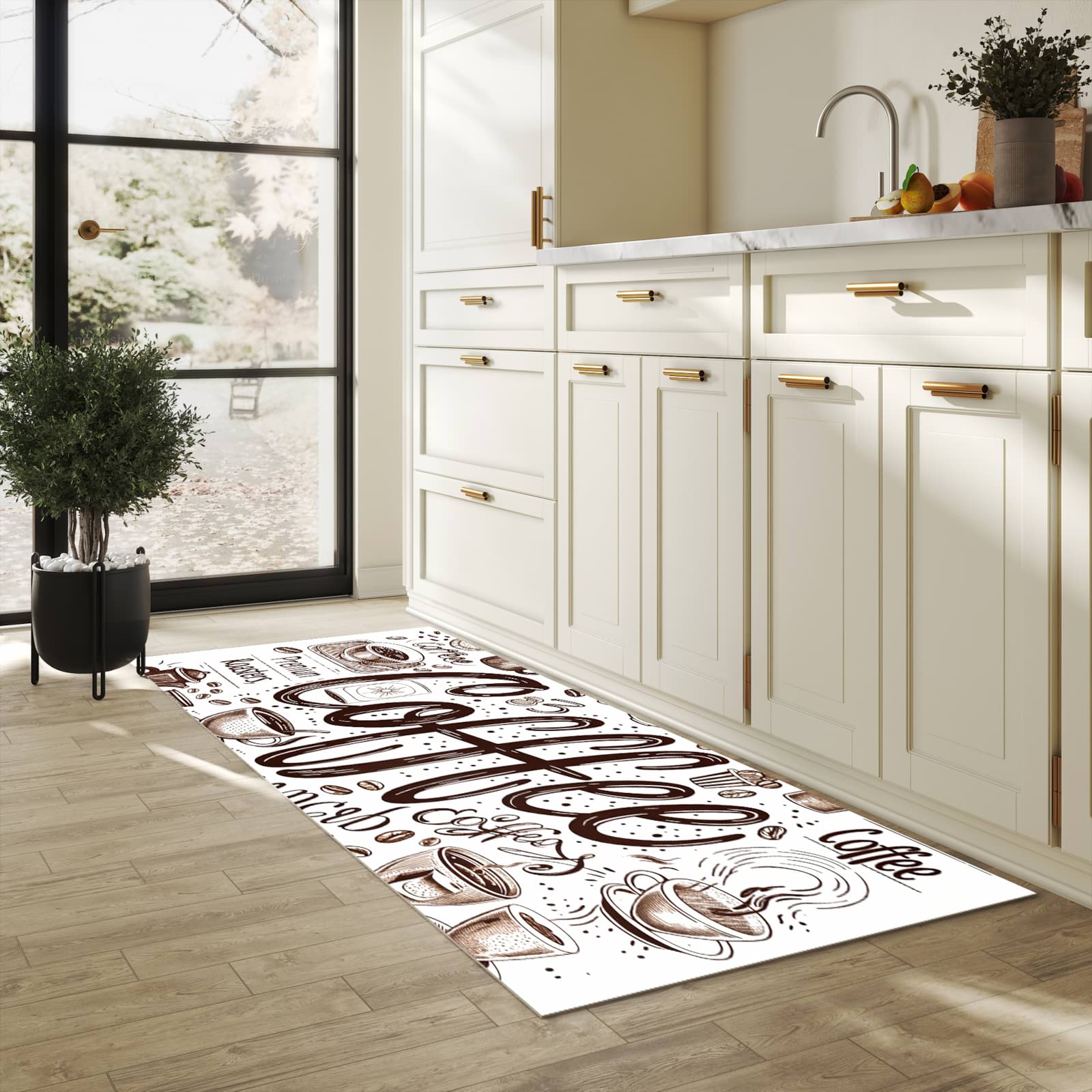 Geräuschdämpfender rutschfester Küchenteppich mit Motiv Kaffee Illustration in heller Küche