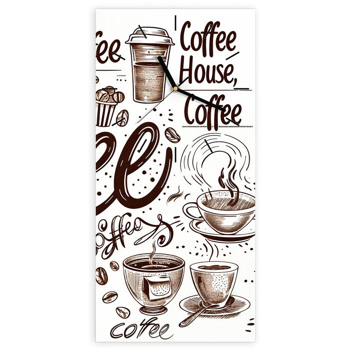 Wanduhr Kaffee Illustration aus Glas – Hochformat 30 × 60 cm mit Ziffernblatt Linie