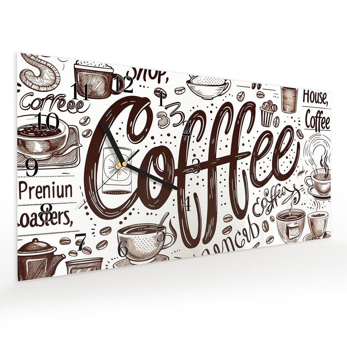 Vormontiert – mit Schwebeeffekt – Wanduhr Kaffee Illustration aus Glas – Querformat 60 × 30 cm