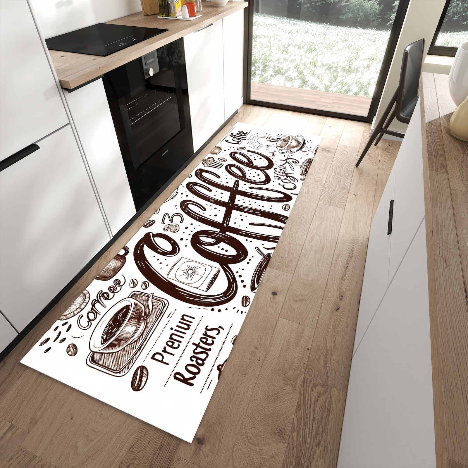 Langlebiger Küchenläufer mit Motiv Kaffee Illustration in moderner Küche