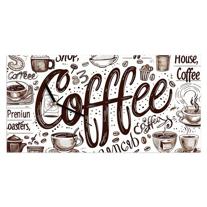 Wanduhr Kaffee Illustration aus Glas – Querformat 60 × 30 cm mit Ziffernblatt Linie