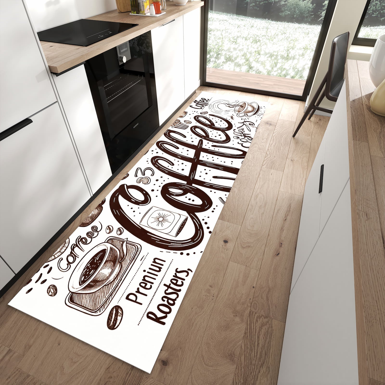Rutschfester Küchenläufer mit Motiv Kaffee Illustration in moderner Küche