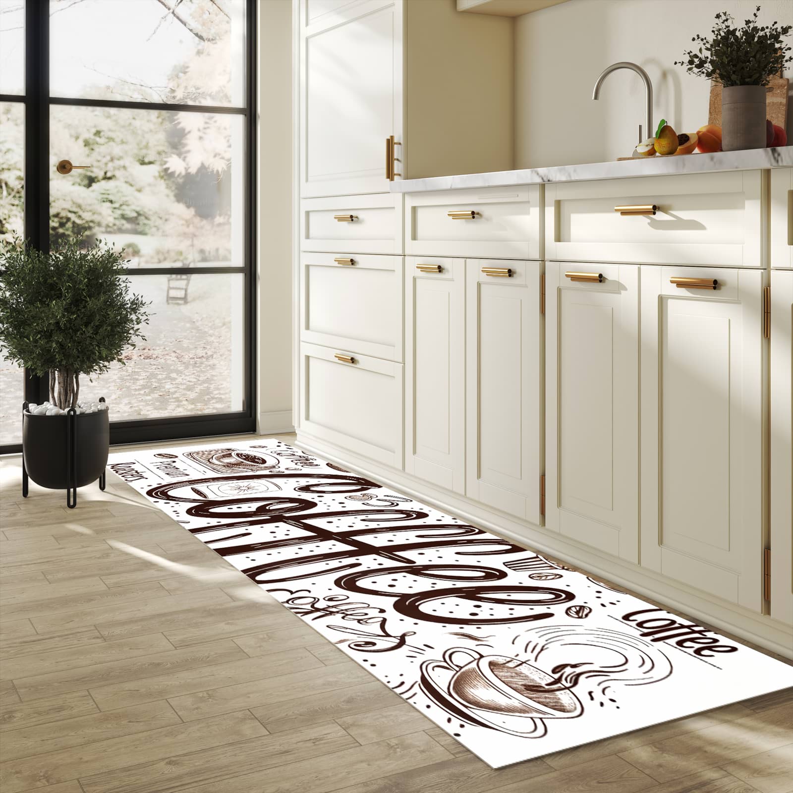 Waschbarer Küchenteppich mit Motiv Kaffee Illustration in heller Küche für sichere Aufbewahrung