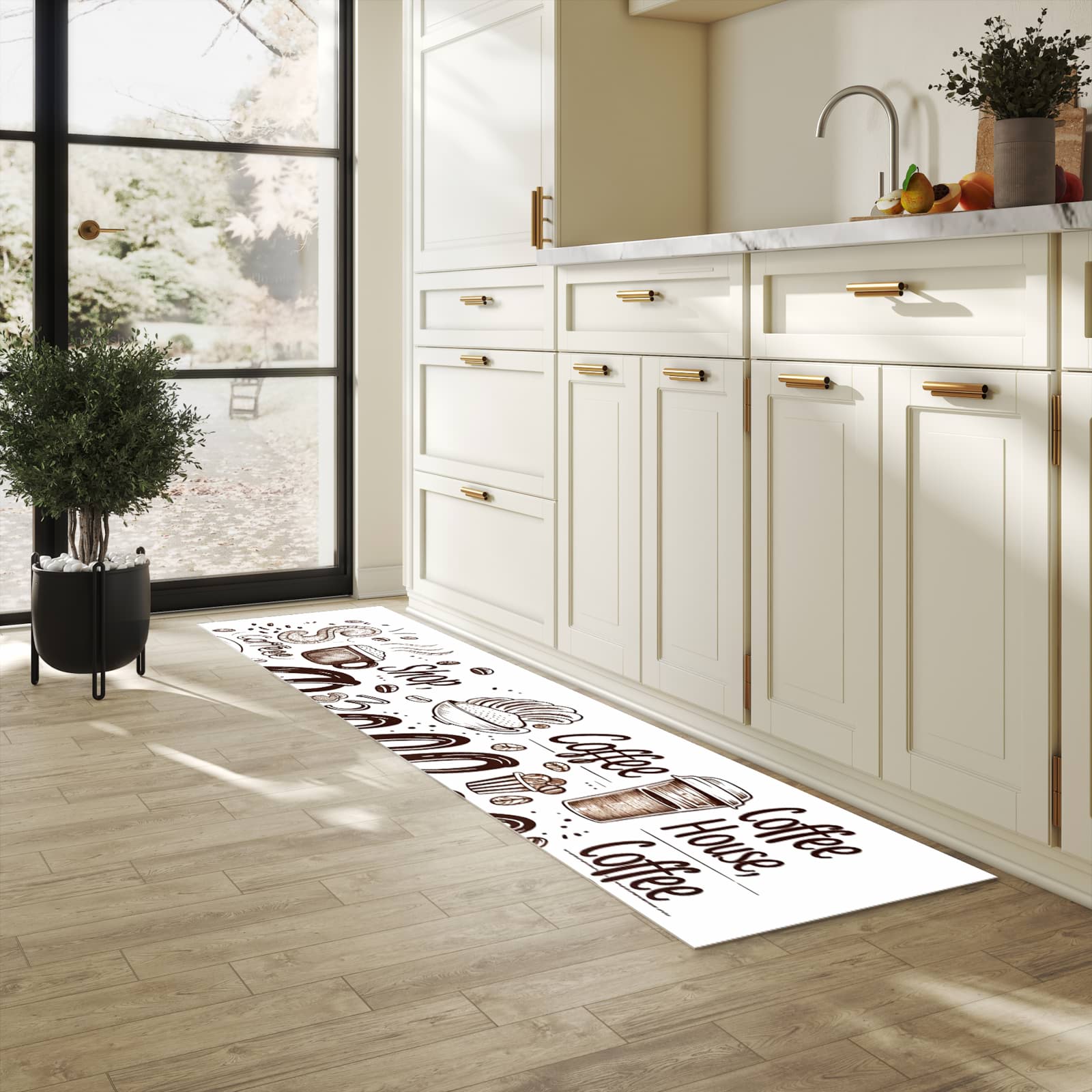Feuchtigkeitsresistenter Küchenteppich mit Motiv Kaffee Illustration in heller Küche