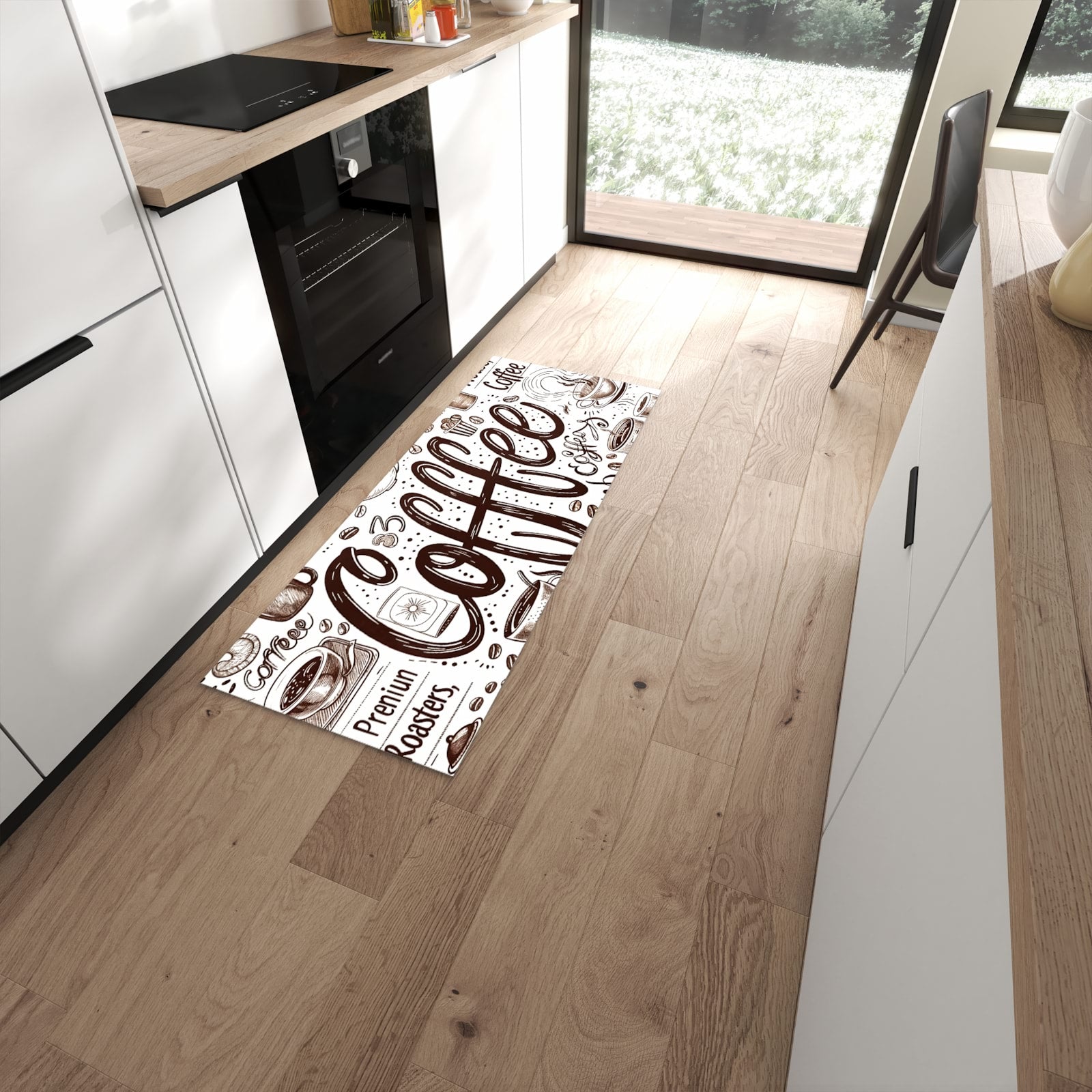 Komfortabler waschbarer Küchenteppich mit Motiv Kaffee Illustration in moderner Küche #grösse_60 x 150 cm