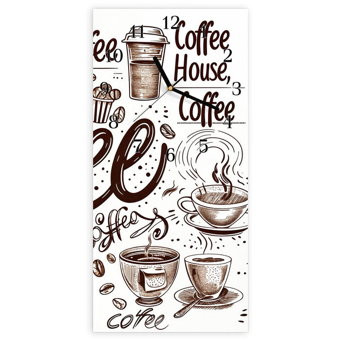Wanduhr Kaffee Illustration aus Glas – Hochformat 30 × 60 cm mit Ziffernblatt Klassisch