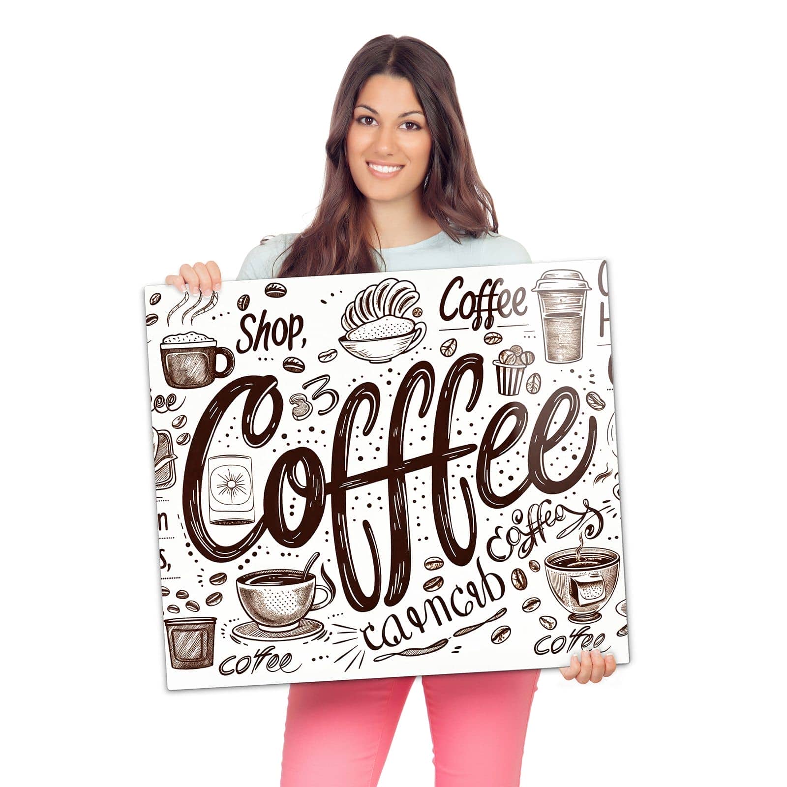 Herdabdeckplatte mit Kaffee Illustration-Motiv wird zur Größendarstellung gehalten