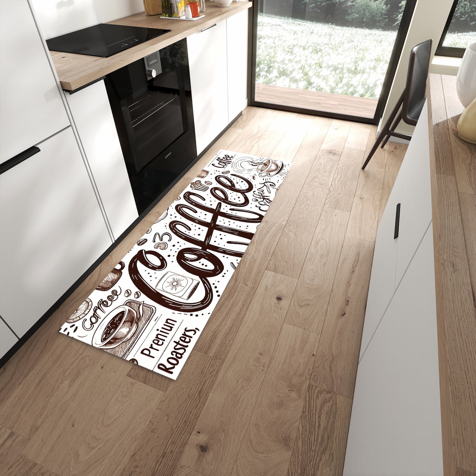 Rutschfester waschbarer Küchenteppich mit Motiv Kaffee Illustration in moderner Küche