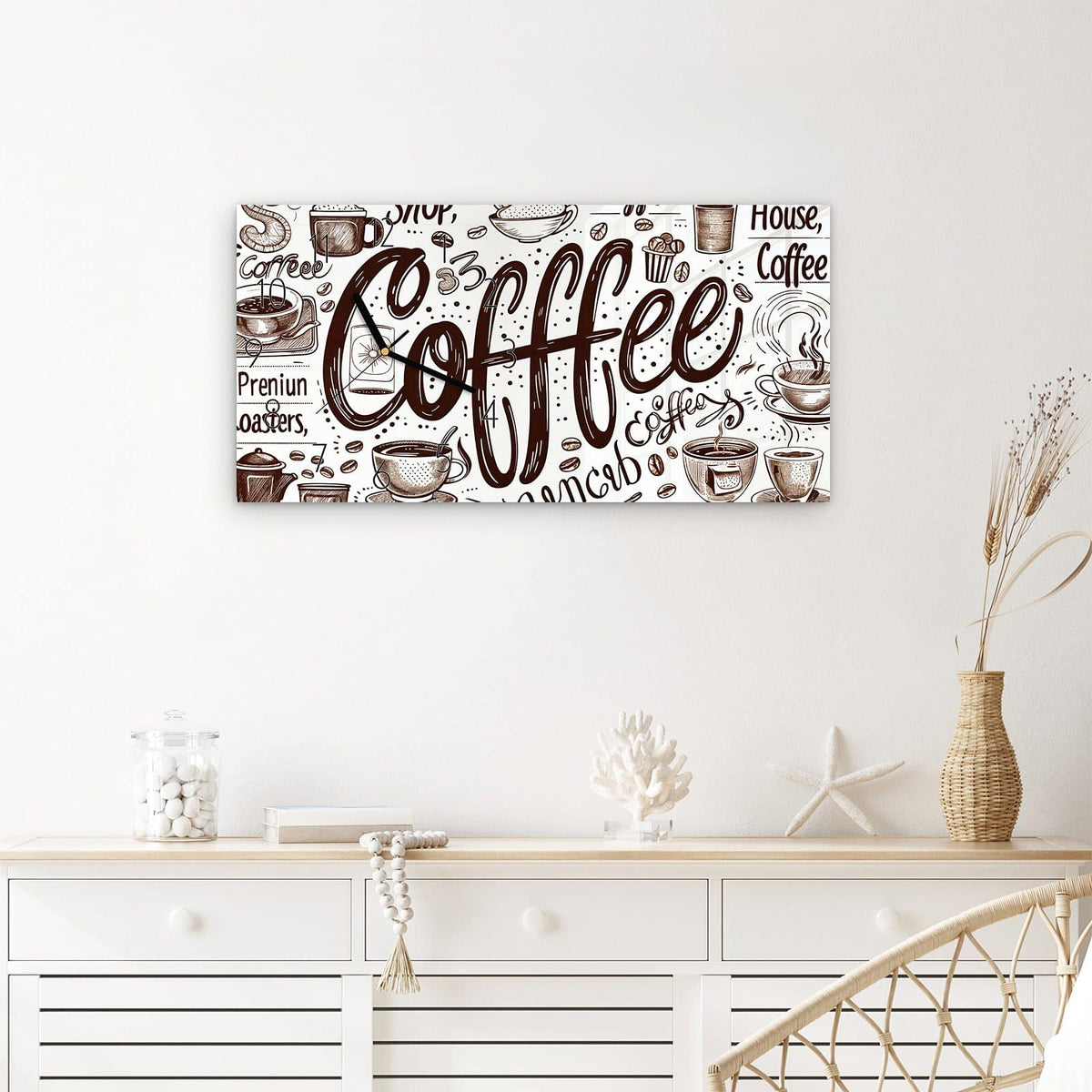 Wanduhr Kaffee Illustration aus Glas – Querformat 60 × 30 cm – Handgezeichnete Kaffeetassen und Bohnen
