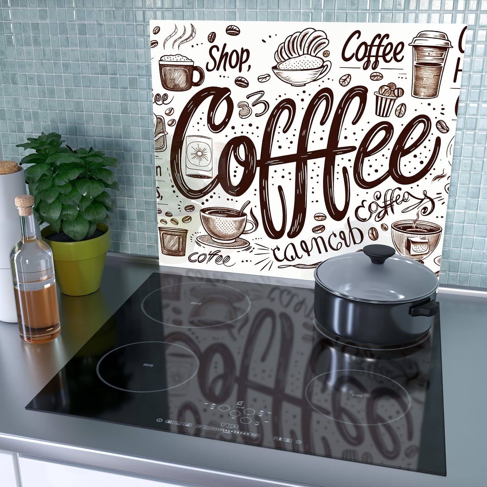 1-teilige Herdabdeckplatte aus Glas mit Kaffee Illustration-Motiv als Spritzschutz hinter dem Kochfeld