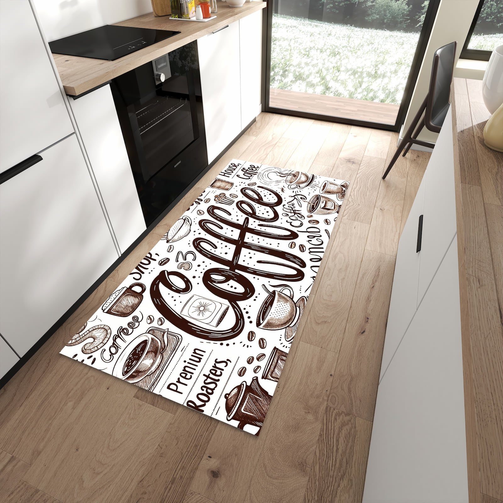 Bodenschonender rutschfester Küchenläufer mit Motiv Kaffee Illustration in moderner Küche