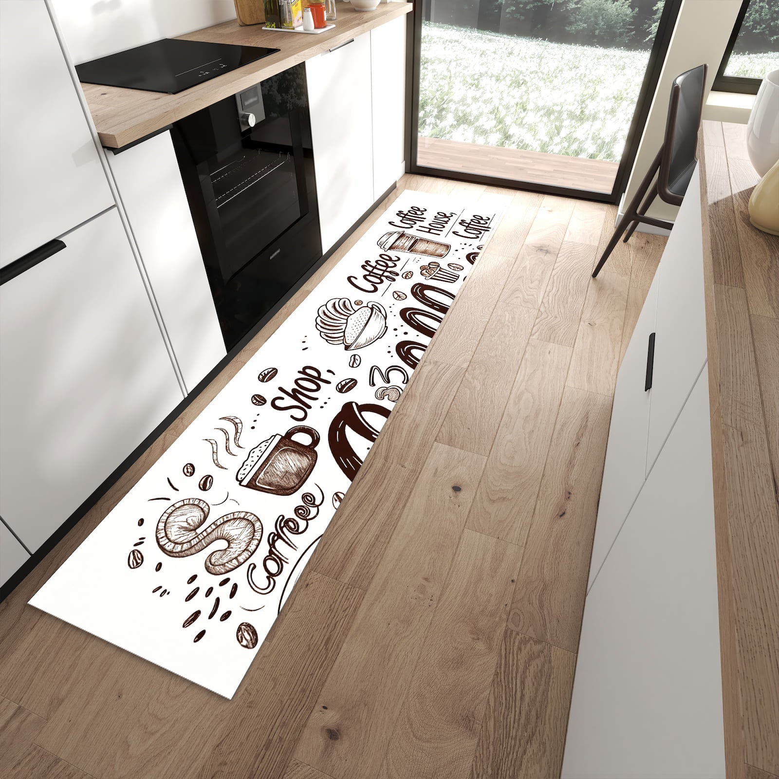 Rutschfester Küchenteppich mit Motiv Kaffee Illustration für angenehmes Stehen in moderner Küche