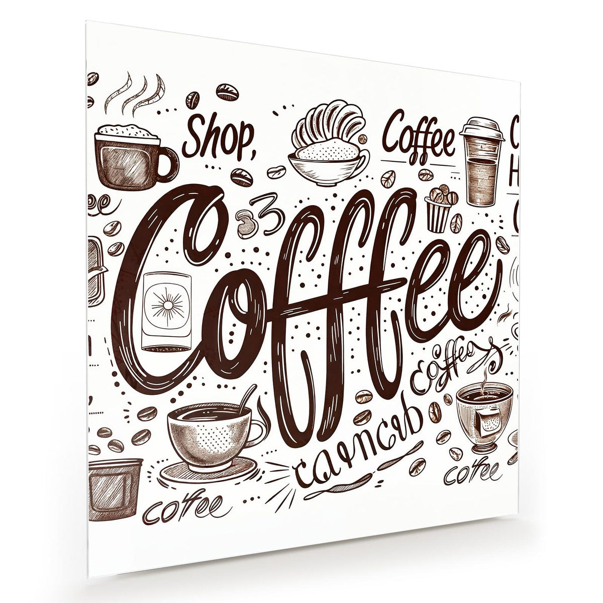 Tuschezeichnungen von Tassen, Bechern und Bohnen mit großem Coffee-Schriftzug auf Weiß