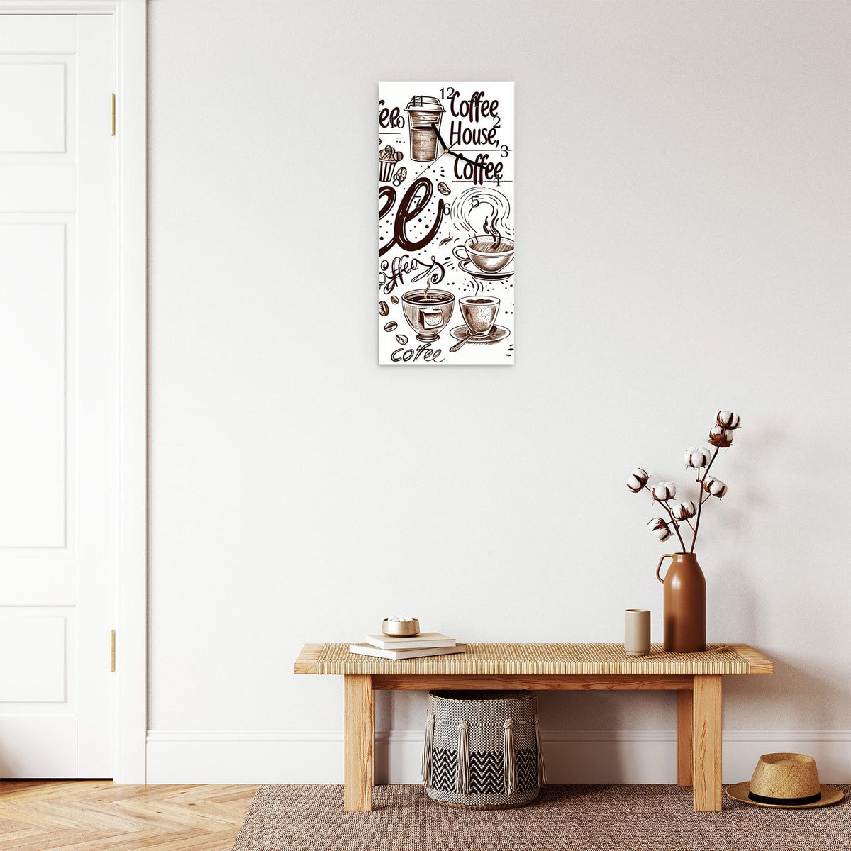 Moderne Wanduhr aus Glas mit Farbtiefe – Wanduhr Kaffee Illustration aus Glas – Hochformat 30 × 60 cm