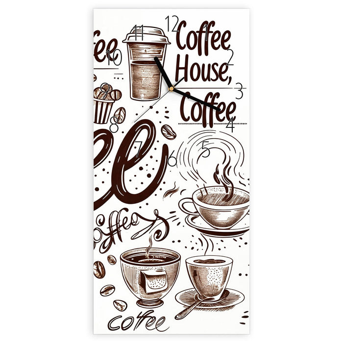 Wanduhr Kaffee Illustration aus Glas – Hochformat 30 × 60 cm mit Ziffernblatt Elegant