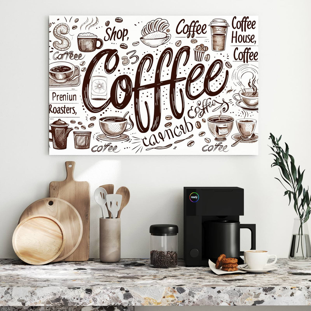 Tuschezeichnungen von Tassen, Bechern und Bohnen mit großem Coffee-Schriftzug auf Weiß