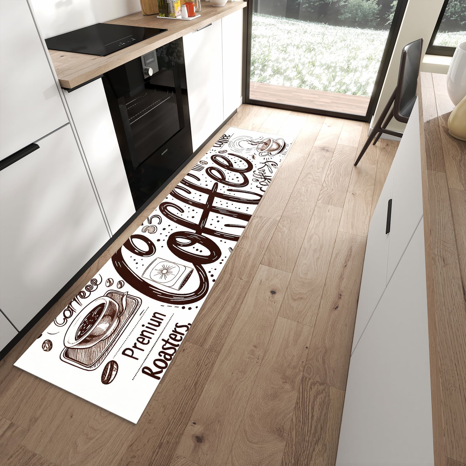 Pflegeleichter großer Küchenteppich mit Motiv Kaffee Illustration in moderner Küche