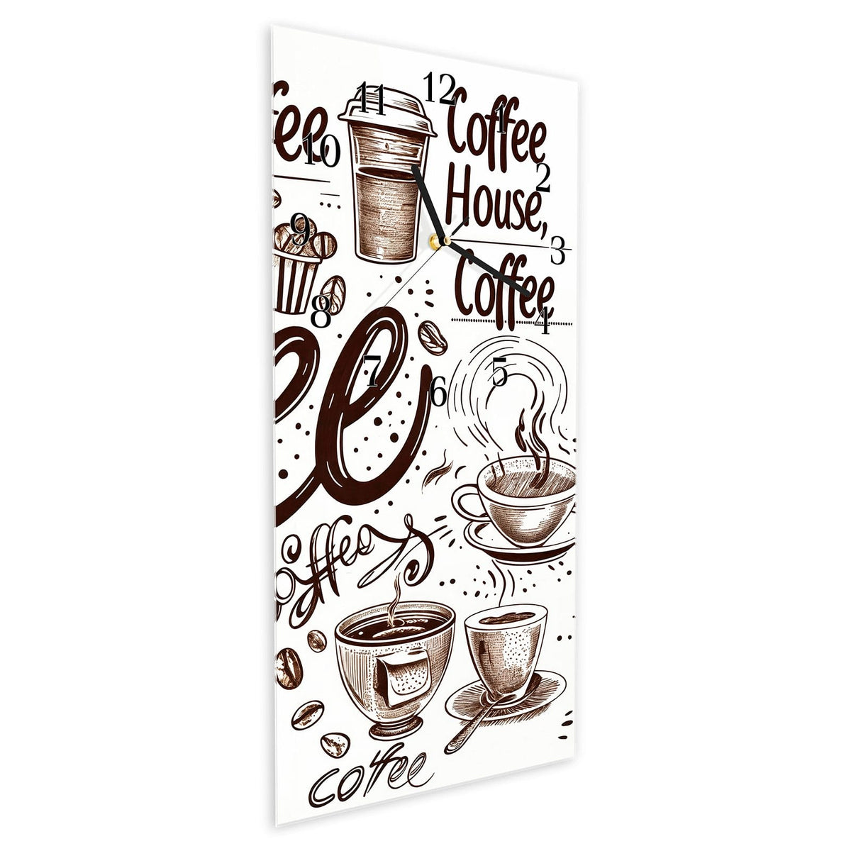 Vormontiert – mit Schwebeeffekt – Wanduhr Kaffee Illustration aus Glas – Hochformat 30 × 60 cm