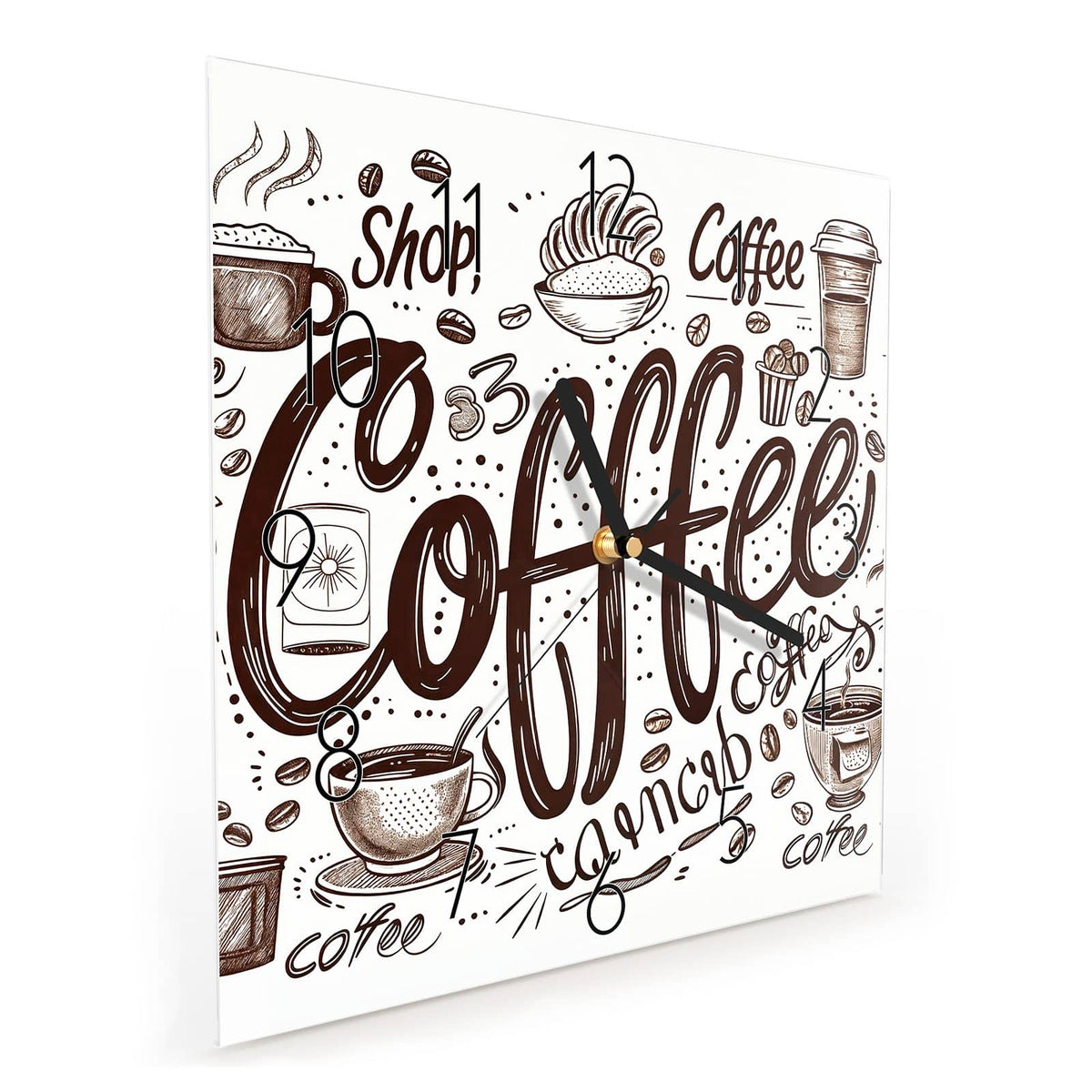 Quadratische Wanduhr aus Glas Handgezeichneter Kaffee schräg von der Seite, 4 mm starkes Glas