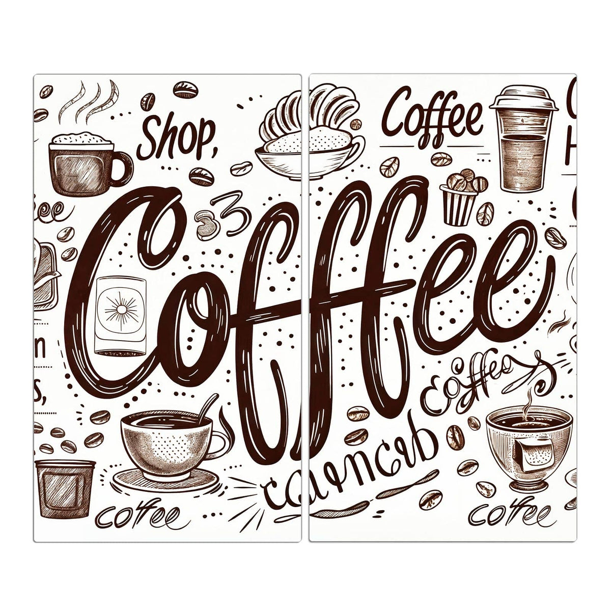 Tuschezeichnungen von Tassen, Bechern und Bohnen mit großem Coffee-Schriftzug auf Weiß