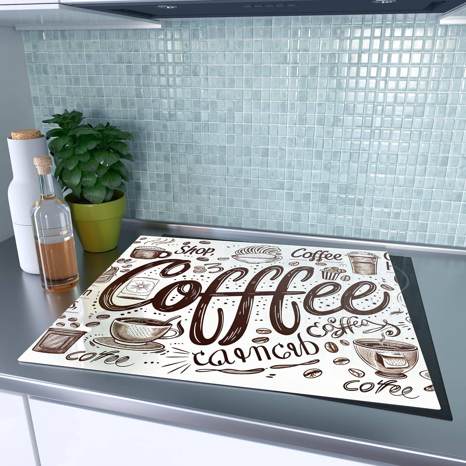 1-teilige Herdabdeckplatten für Ceranfeld mit Kaffee Illustration-Motiv auf dem Ceranfeld