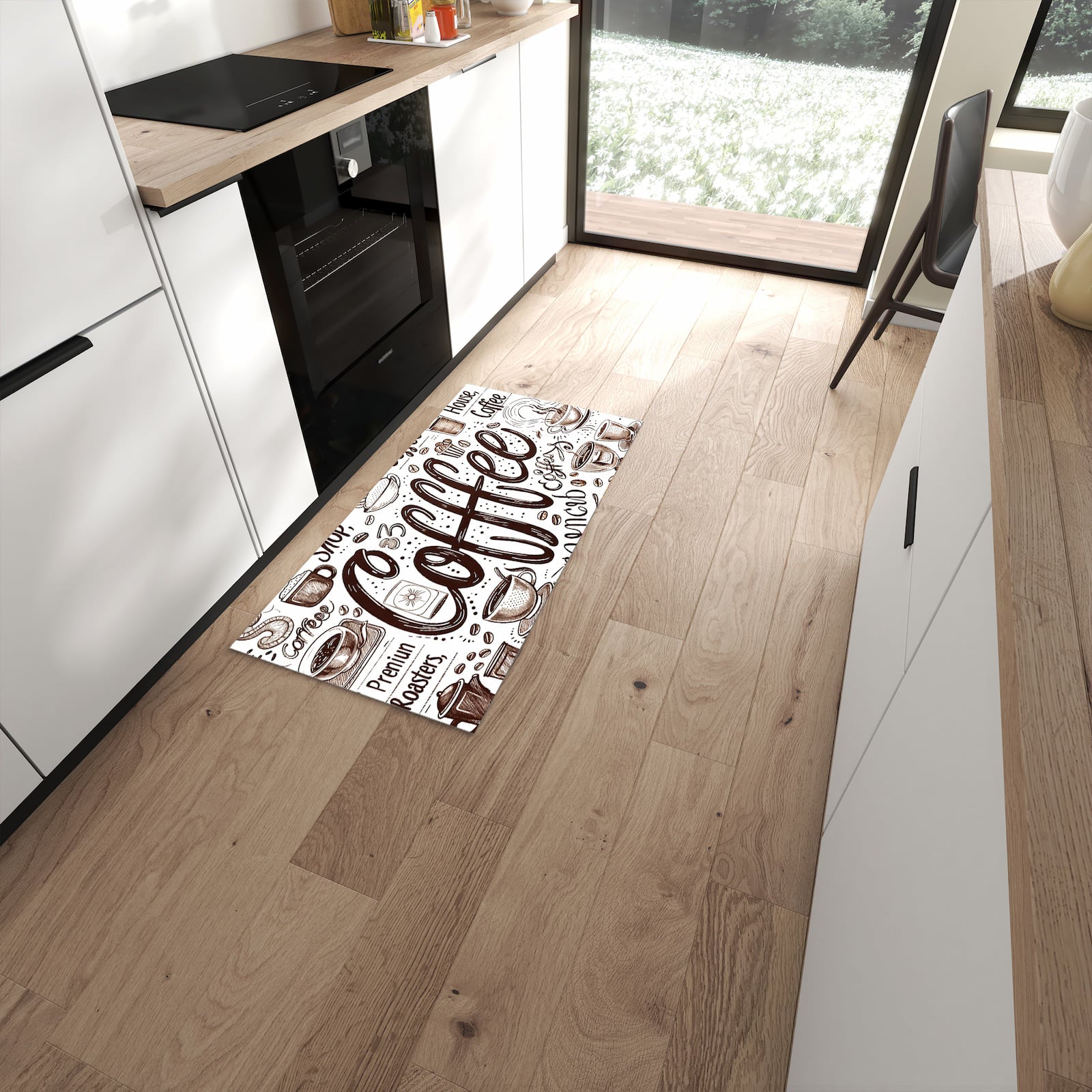 Pflegeleichter Küchenteppich mit Motiv Kaffee Illustration in moderner Küche #grösse_60 x 120 cm
