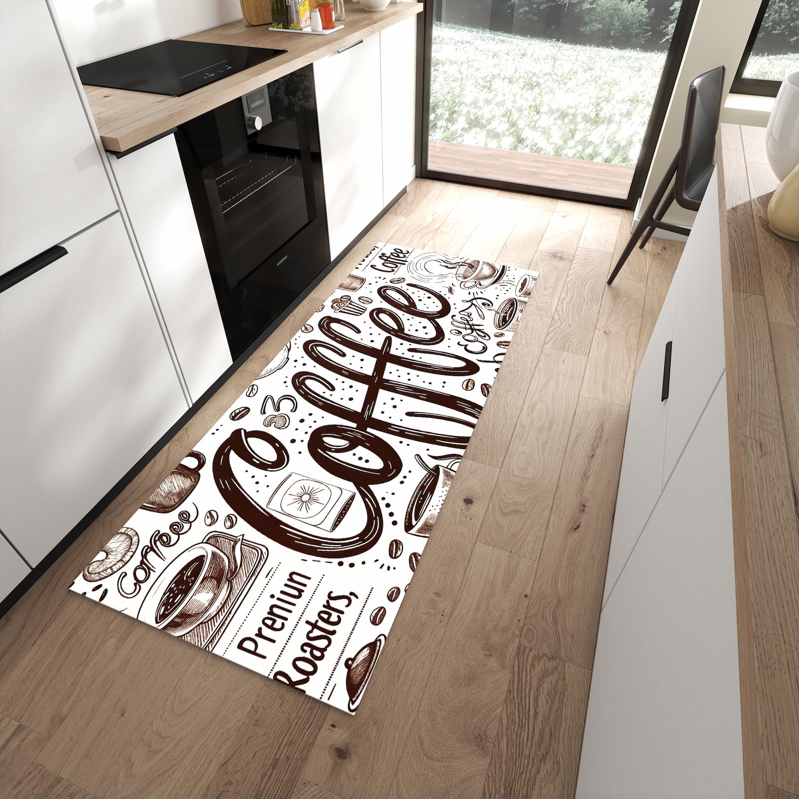 Waschbarer Küchenläufer mit Motiv Kaffee Illustration in moderner Küche