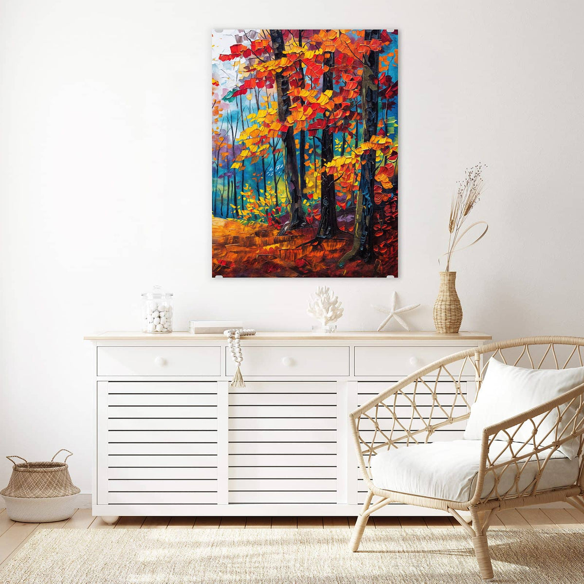 Aufhängung liegt bei – Motiv später wechselbar – Wandbild - Gemalter Herbstwald - Hochformat