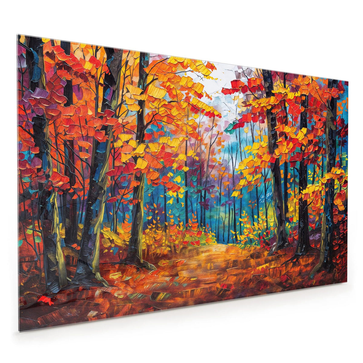 Küchenrückwand aus Glas im Hochformat mit Motiv Gemalter Herbstwald: Impressionistisches Spachtelbild: Weg durch einen Herbstwald in Orange, Rot und Blau