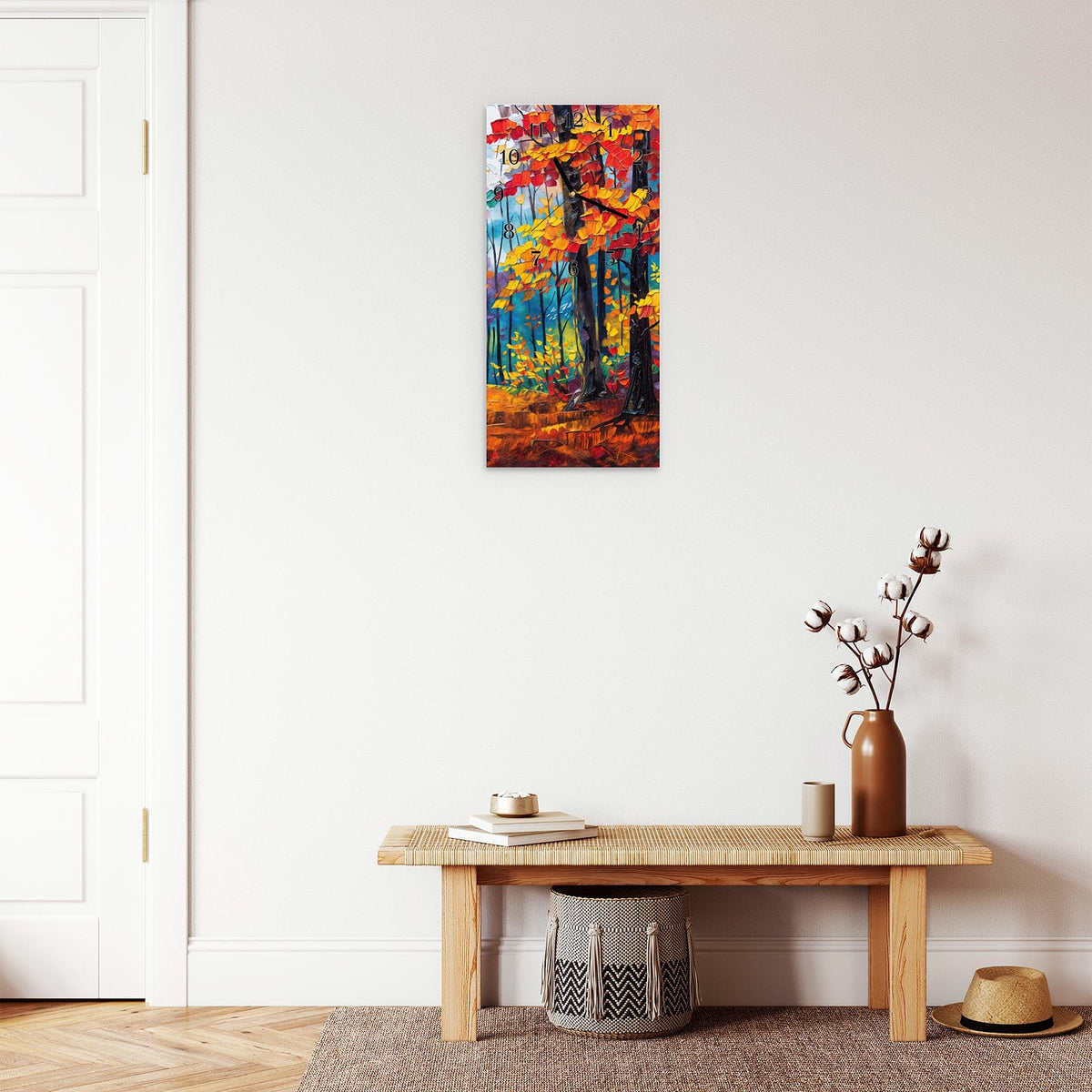 Moderne Wanduhr aus Glas mit Farbtiefe – Wanduhr Herbstwald Pfad aus Glas – Hochformat 30 × 60 cm
