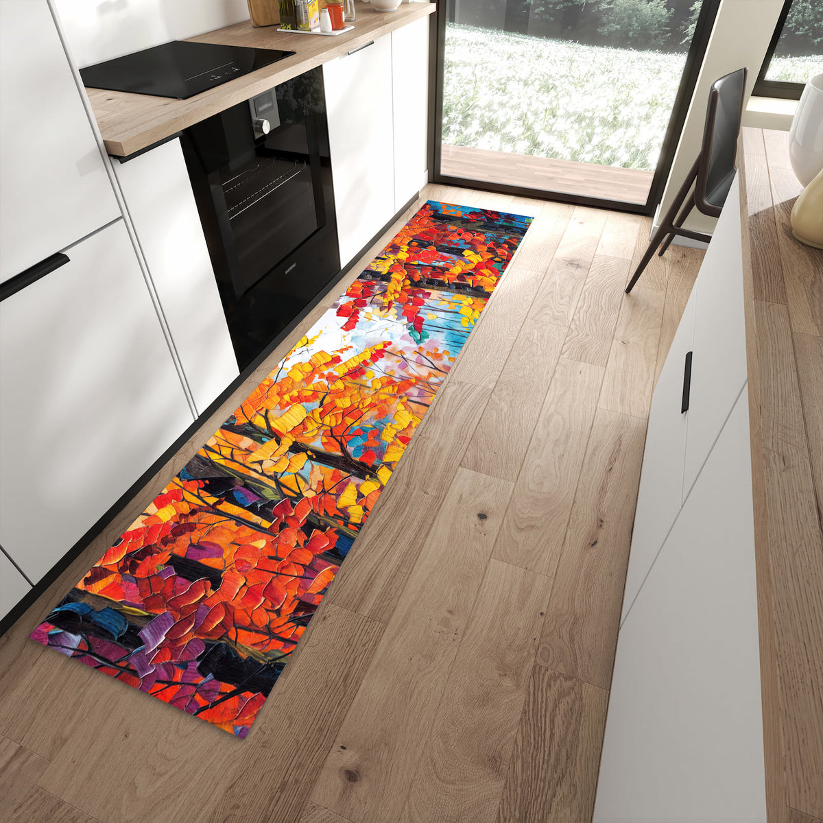 Abriebfester waschbarer Teppich fürs Esszimmer mit Motiv Herbstwald Pfad in moderner Küche
