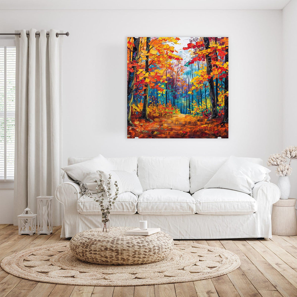Impressionistisches Spachtelbild: Weg durch einen Herbstwald in Orange, Rot und Blau