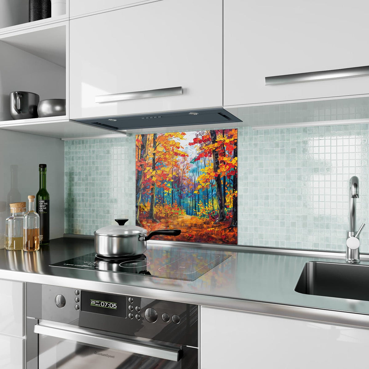 Küchenrückwand aus Glas Gemalter Herbstwald im quadratischen Format als Spritzschutz hinter dem Kochfeld, über dem Fliesenspiegel montiert