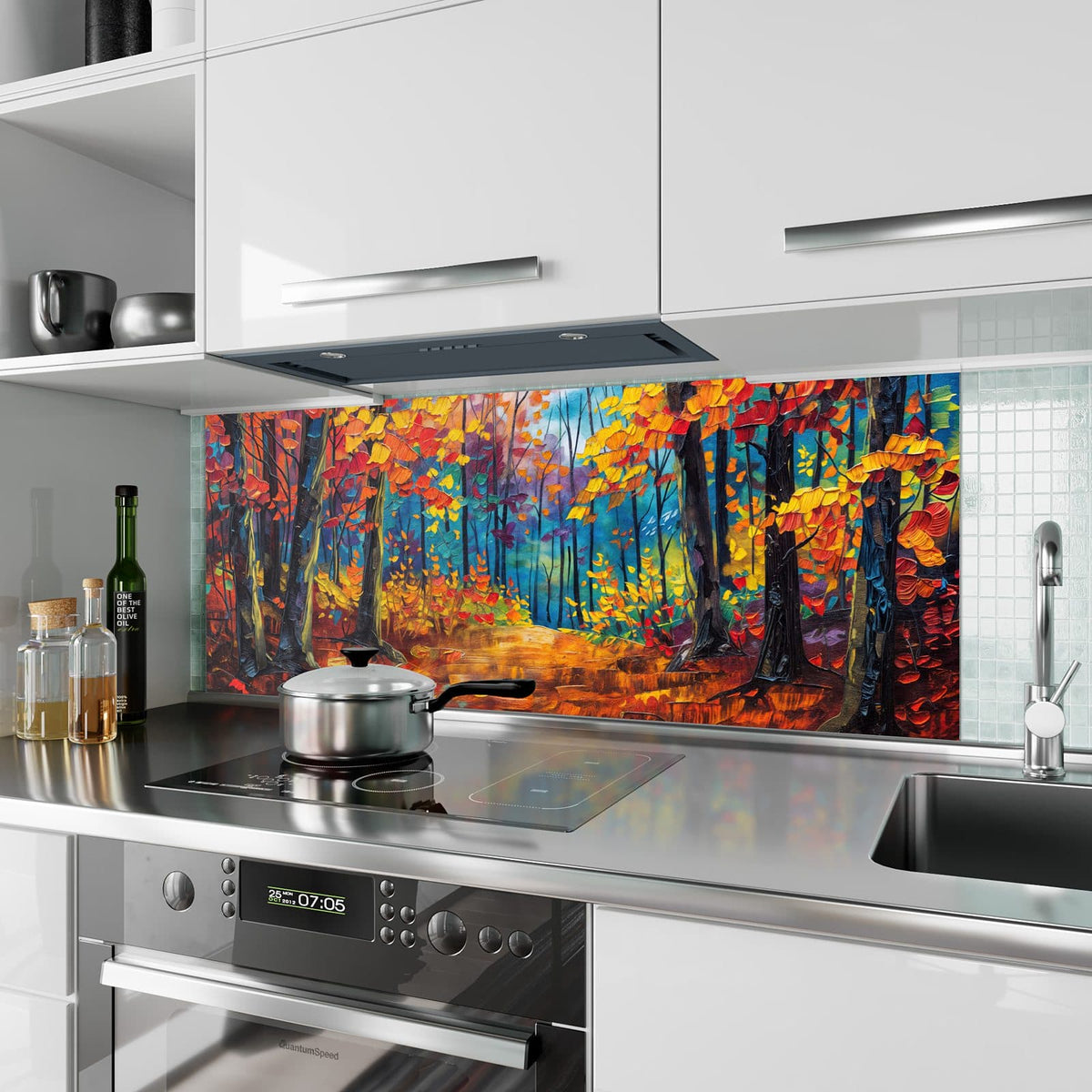 Küchenrückwand aus Glas Gemalter Herbstwald im Hochformat als Spritzschutz hinter dem Kochfeld, über dem Fliesenspiegel montiert