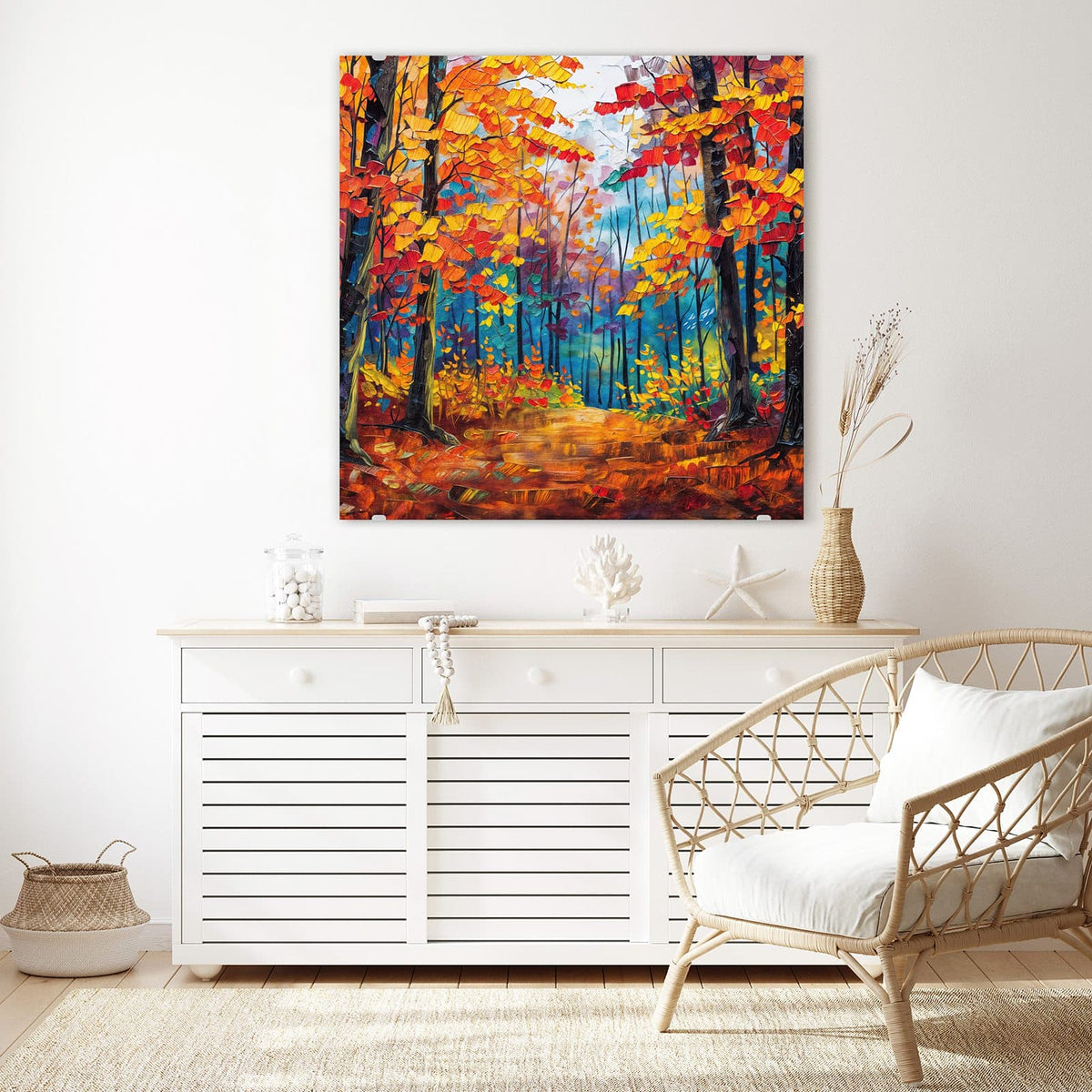 Echtglas, 4 mm – kein Acryl, keine Folie – Wandbild - Gemalter Herbstwald - Quadratisch
