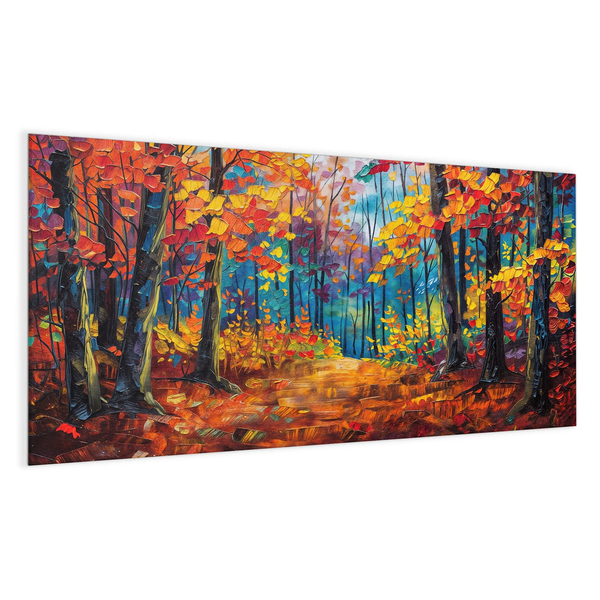 Impressionistisches Spachtelbild: Weg durch einen Herbstwald in Orange, Rot und Blau