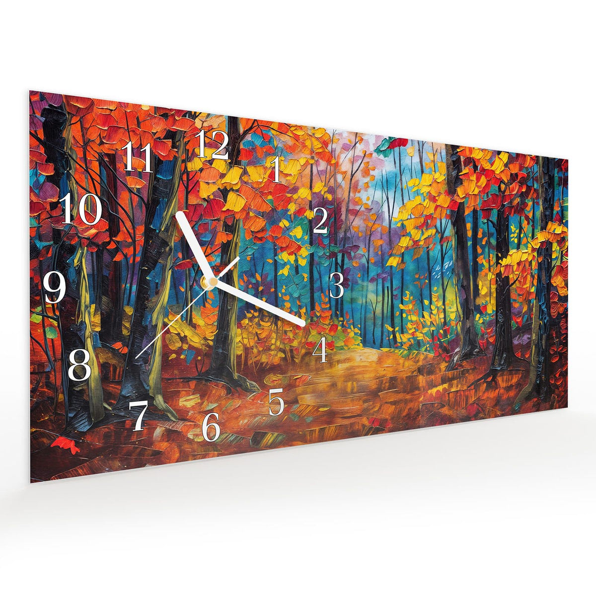 Vormontiert – mit Schwebeeffekt – Wanduhr Herbstwald Pfad aus Glas – Querformat 60 × 30 cm