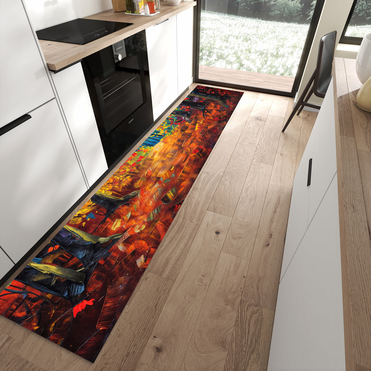 UV-beständiger waschbarer Teppich für Esstisch mit Motiv Herbstwald Pfad in moderner Küche