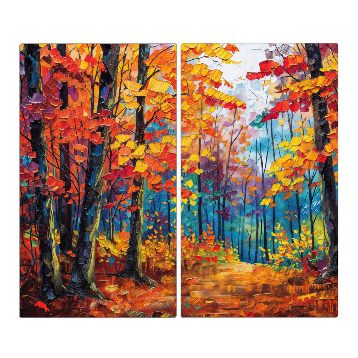 Impressionistisches Spachtelbild: Weg durch einen Herbstwald in Orange, Rot und Blau