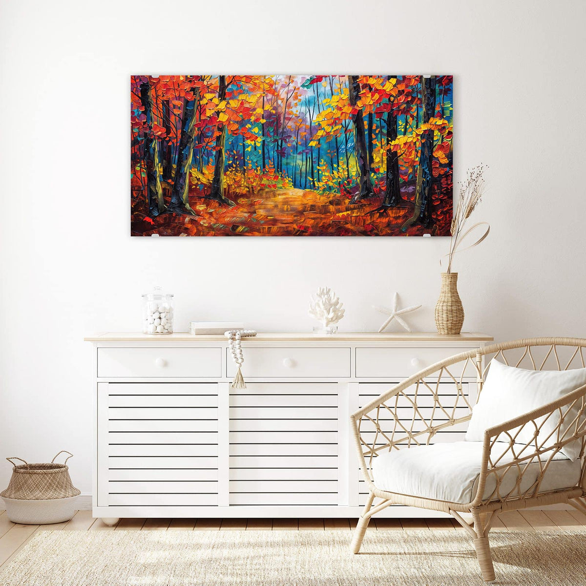 Echtglas, 4 mm – kein Acryl, keine Folie – Wandbild - Gemalter Herbstwald - Querformat